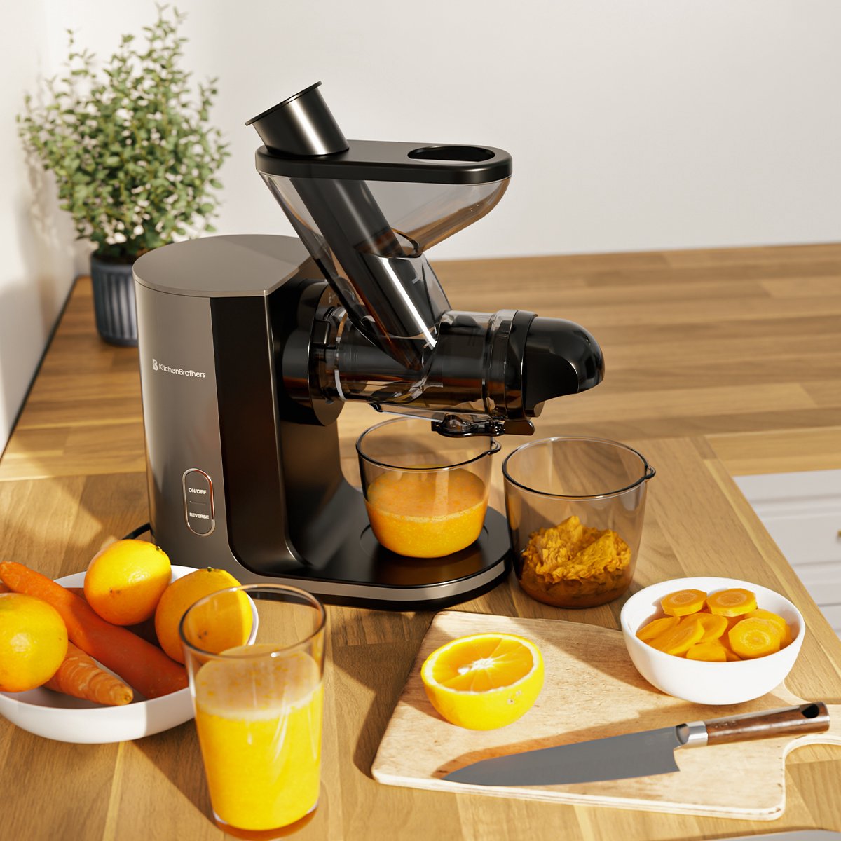 KitchenBrothers Slowjuicer - Sapcentrifuge - Juicer - Groenten en Fruitpers - 43 mm en 60 mm invoer - 400 ml - Grijs thumbnail 8