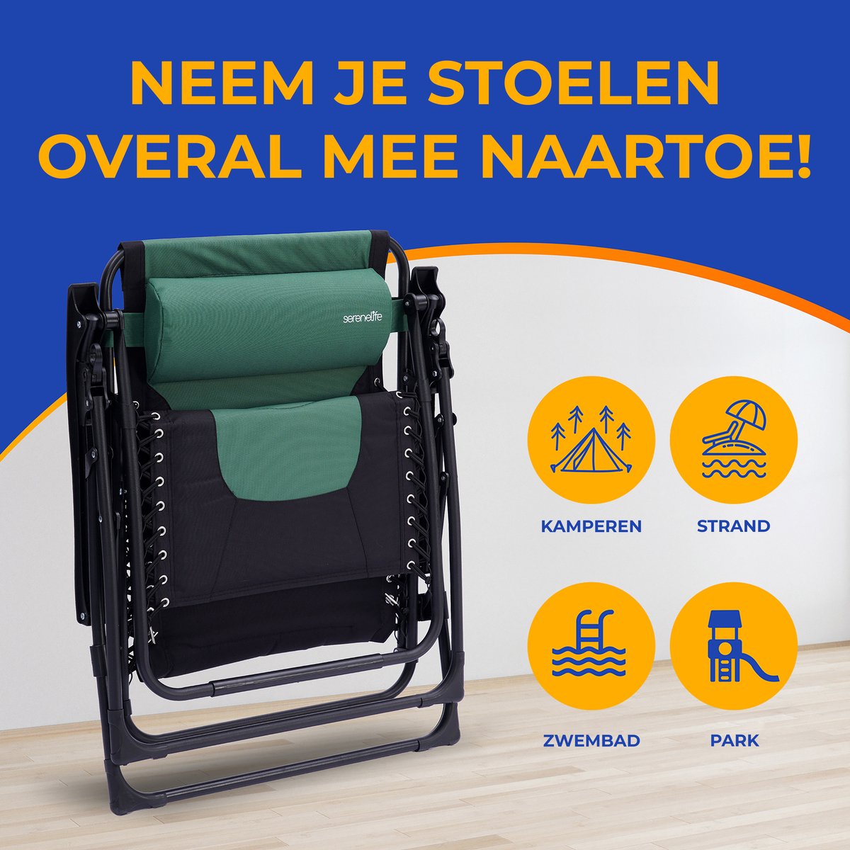 SereneLife Ligstoel – Verstelbare Tuinstoel met Kussen – Opvouwbare Relaxstoel - Stalen Frame met Textilene - Groen thumbnail 3