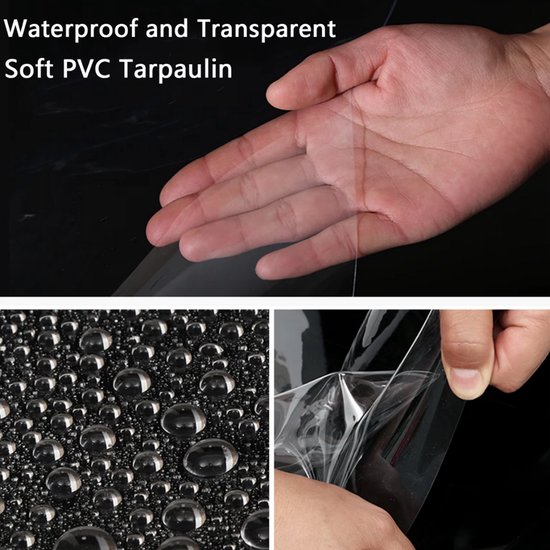 Waterdicht en transparant zacht PVC zeildoek wordt door een hand vastgehouden. Waterdruppels op zwart oppervlak.