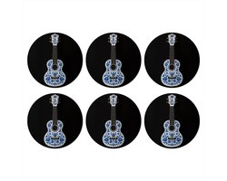 Onderzetters voor glazen - Rond - Ukelele - Delfts - Blauw - Muziek - 10x10 cm - Glasonderzetters - 6 stuks