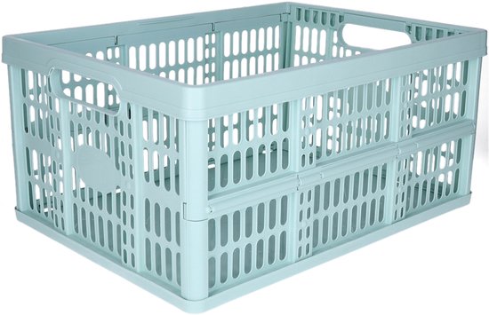 Mintgroene opvouwbare krat met open zijkanten en handvatten.