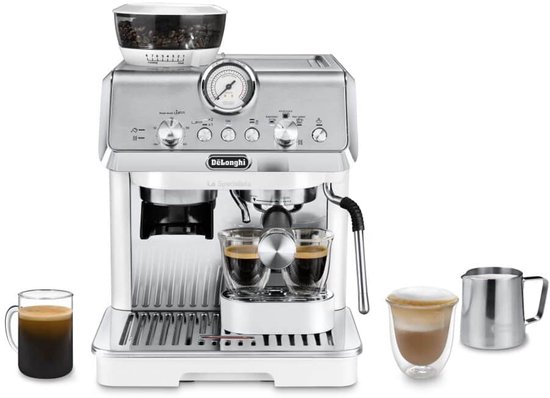 De'Longhi Dedica Arte espressomachine met koffiezetapparaat, portafilter en accessoires.