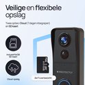 Zwarte slimme deurbel met 64GB SD-kaart voor opslag en een cloud-opslagpictogram.