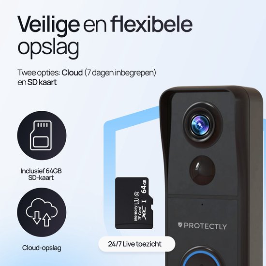 Zwarte slimme deurbel met 64GB SD-kaart voor opslag en een cloud-opslagpictogram.