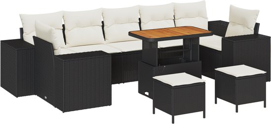 vidaXL - 10-delige - Tuinsalonset - met - Kussens - - - Zwart - Poly - Riet - en - Acacia