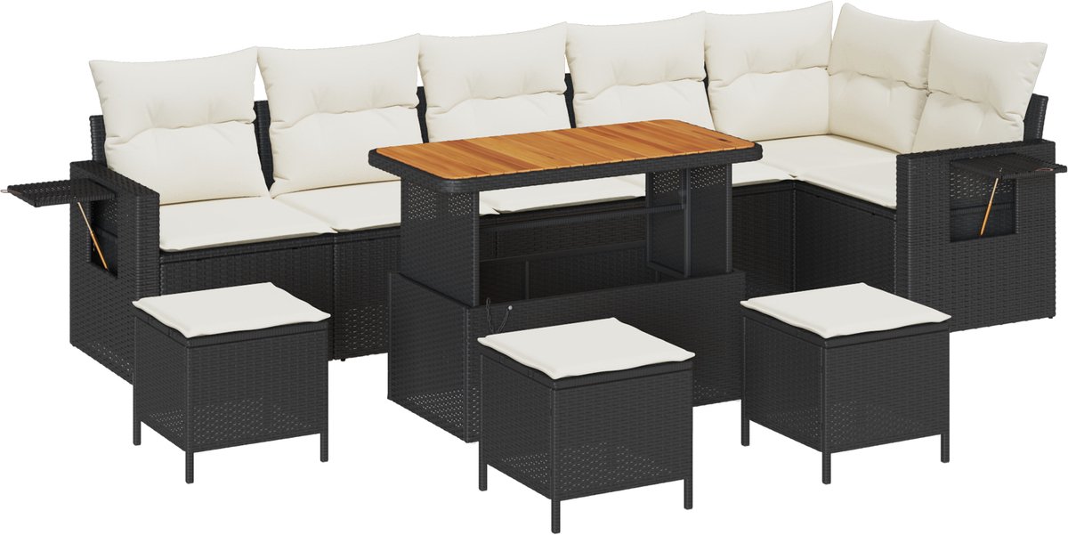 vidaXL - Tuinbank - Set - met - kussen - 12 - pcs - Zwart - en - Crème - poly - rattan
