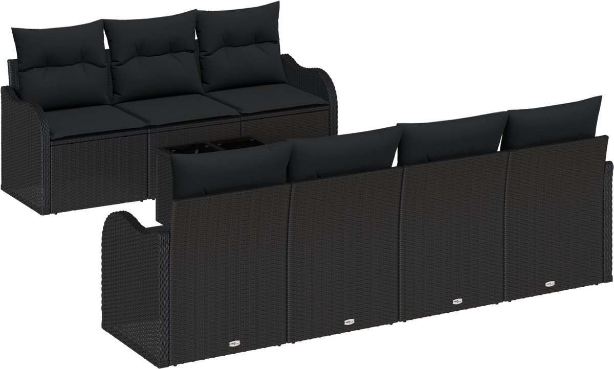 vidaXL - Tuinbank - Set - met - kussen - 8 - pcs - Zwart - Poly - Riet - en - Staal - en - Glas