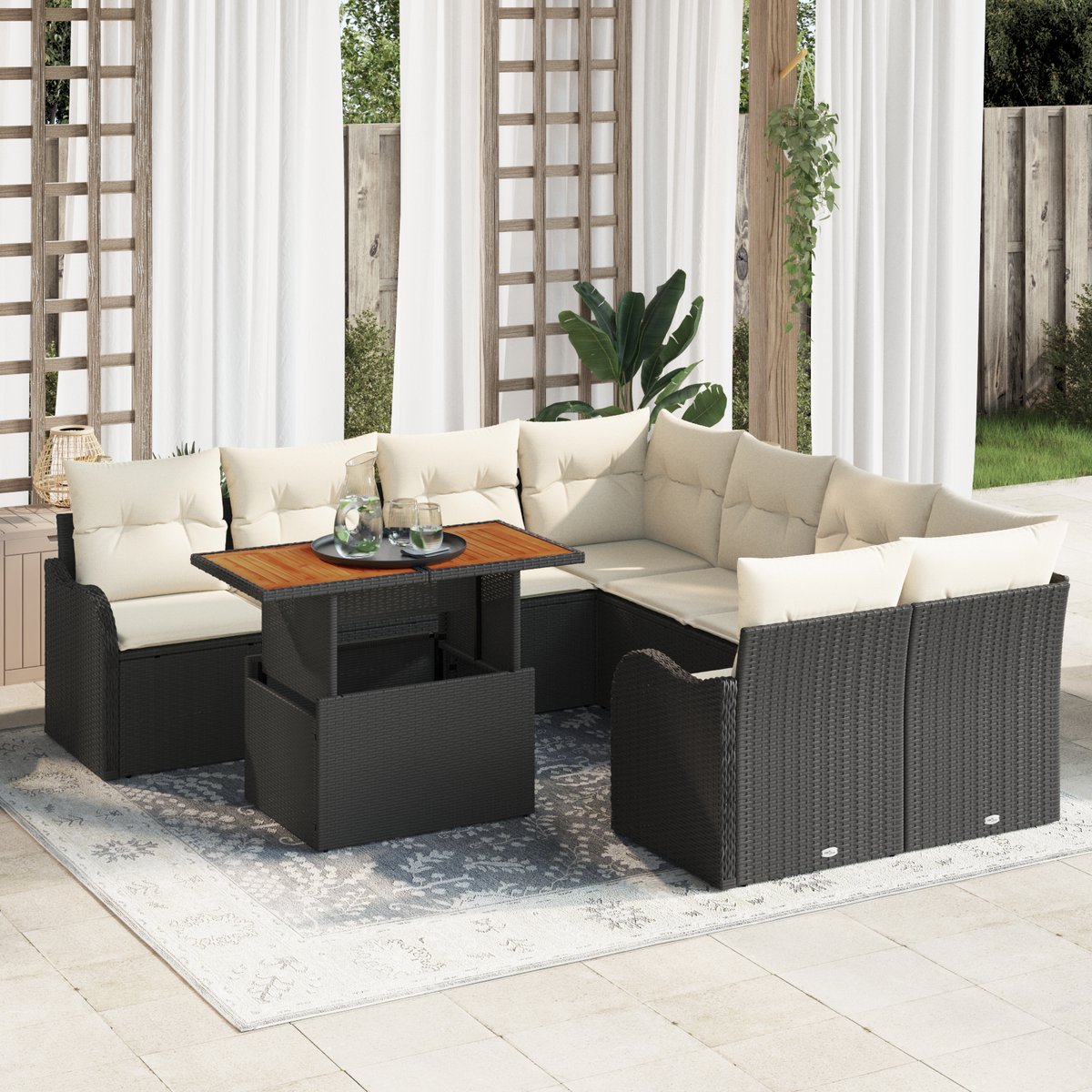 vidaXL - Tuinbank - Set - met - kussen - 7 - pcs - Zwart - en - crème