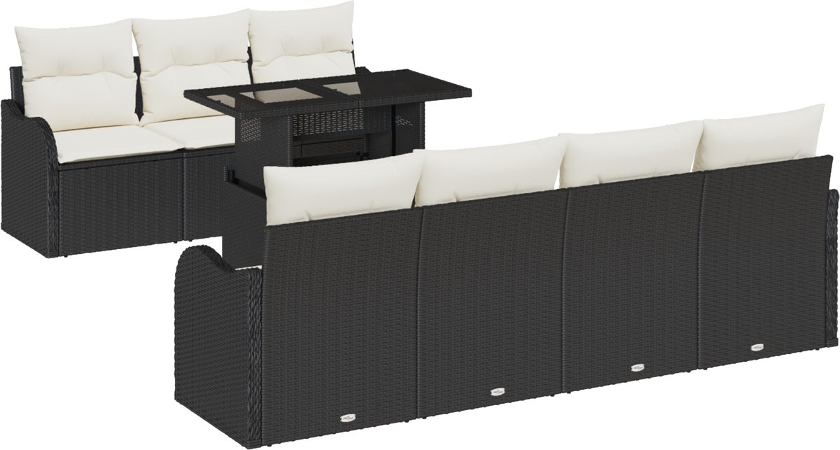 vidaXL - Tuinbank - Set - met - kussen - 8 - pcs - Zwart - Poly - rattan