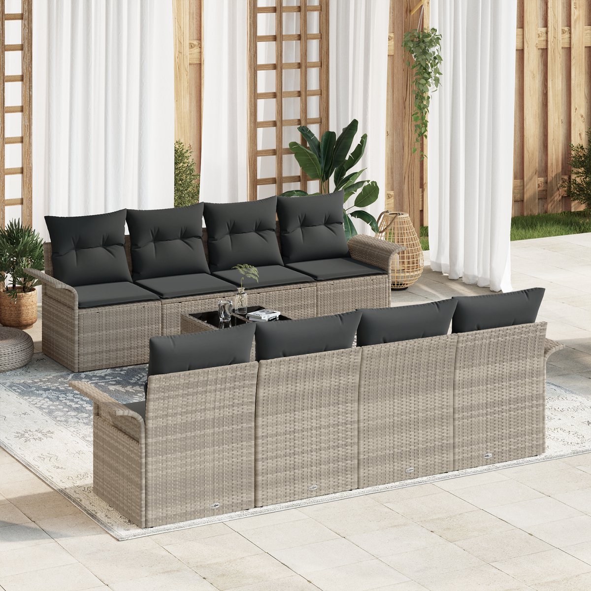 vidaXL - Tuinbank - Set - 9 - pcs - Lichtgrijs - Poly - rattan