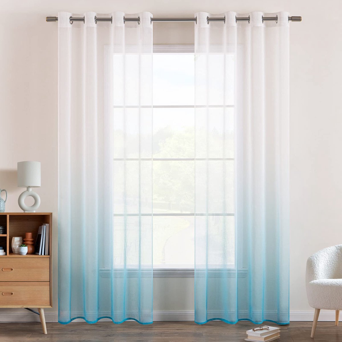 Ibenzoa Transparante Voile Gordijnen met Kleurverloop, Decoratief Vitrage voor Slaap en Woonkamer (215 x 140 cm - Set van 2) wit blauw