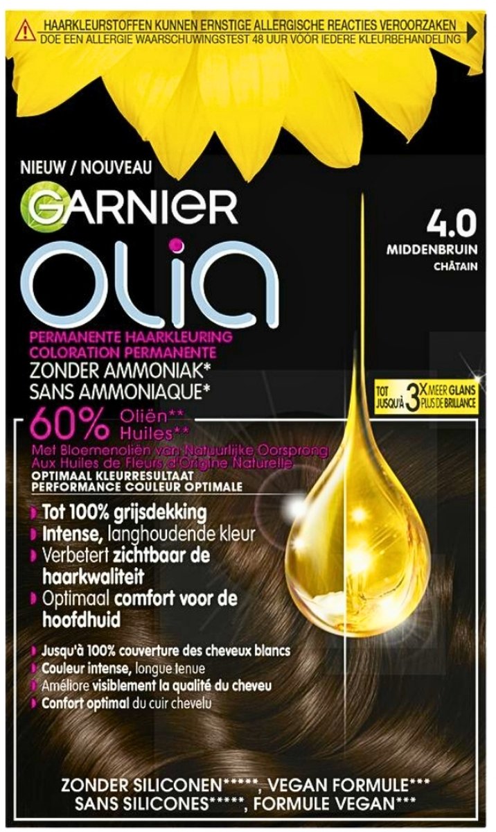1 x Garnier - Olia 4 - Haarkleuring - Middenbruin - Zonder Ammoniak - 60% Olie - Permanente Kleur - Haarkleuring - Middenbruin - Permanent - Zonder Ammoniak - 60% Olie