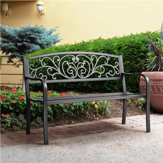 Banc de jardin, métal, résistant aux intempéries, banc de stationnement, banc en fer, réservoir de repos pour 2-3 places, banc vintage avec dossier, accoudoir pour jardin, balcon et terrasse, noir