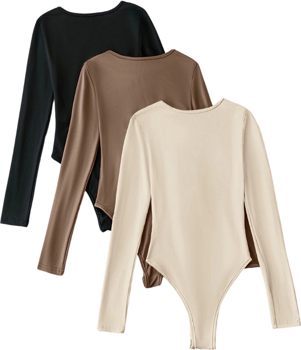 Livano Bodysuit Dames - Jumpsuit - Corrigerend Ondergoed - Body plunge - Lingerie - Setje Vrouwen - 3 Pcs - Zwart/Abrikoos/Khaki - Maat XS