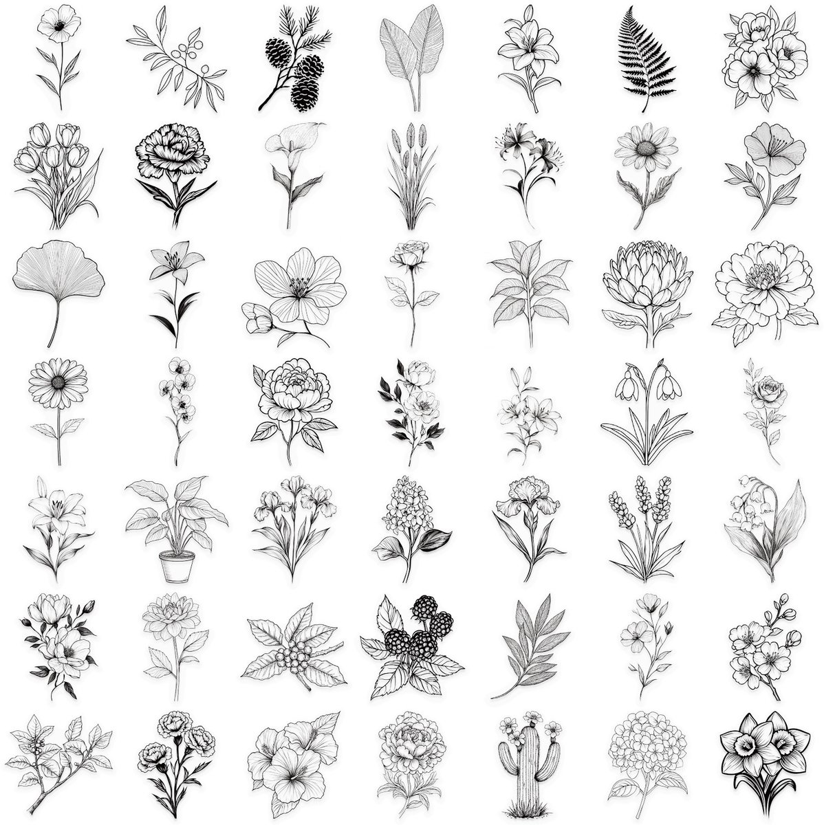 Stickerset Bloemen Zwart/Wit - Set met 50 stickers Flowers — afbeelding 4