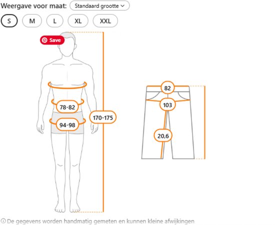 Maattabel met lichaamsmaten en afmetingen van de broek.
