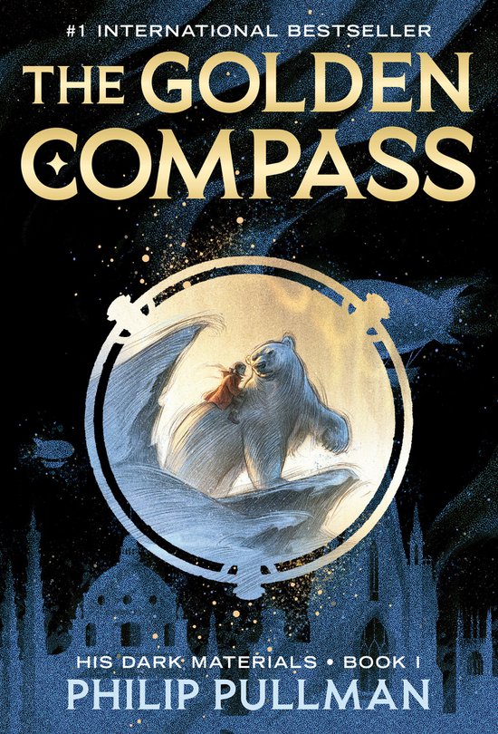 Livre "The Golden Compass", avec un ours et un enfant sur une image circulaire. #1 Best-seller international.