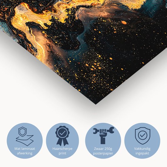Gouden abstract kosmisch kunstwerk - Kosmos poster - Wanddecoratie sterren - Abstract expressionisme - Posters kunst - Wanddecoratie slaapkamer - poster 70x50 cm
