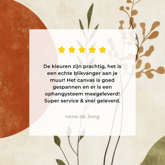 Abstract schilderij met oranje zon, takken en groene heuvels. Klantbeoordeling: "De kleuren zijn prachtig!"