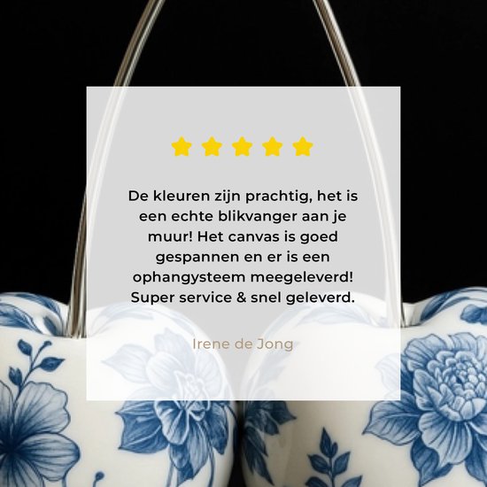 Close-up van de Delfts blauwe kersendecoratie met sterbeoordeling en klantervaring.