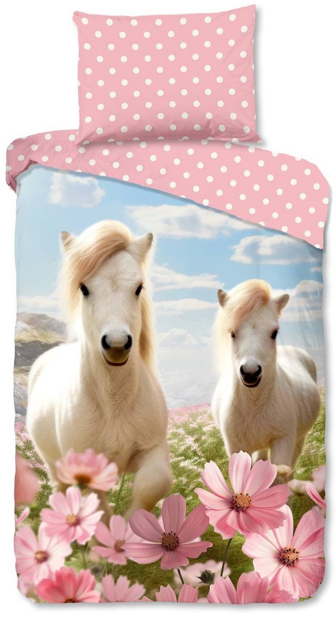Good Morning dekbedovertrek witte paarden met bloemen - 1 persoons 140x200/220 cm - Roze - 100% Katoen renforce van Merkloos — afbeelding 5