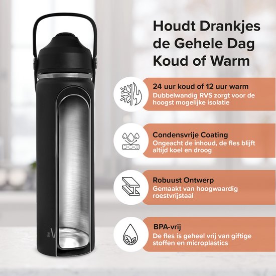 The Verge® - Luxe RVS Drinkfles 650 ML met Rietje voor Volwassenen en Kinderen – Bidon – Thermosfles - 24 uur koud/12 uur warm – Waterfles met Dubbelwandige isolatie - Met 2 Doppen - Zwart