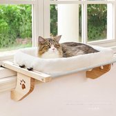 CHIWIN Kattenhangmatten - Kattenvenster Hangmat met Pluche Kussen – Houten Kattenligstoel zonder Boren – Verstelbare Kattenzonnestoel voor Vensterbank & Balkon – Wit