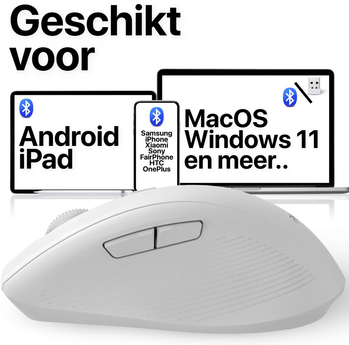 Draadloze stille muis wit met bluetooth & USB ontvanger, ergonomisch, 2 extra knoppen, verstelbare DPI, compatibel Mac, Windows, Android - Afbeelding 4
