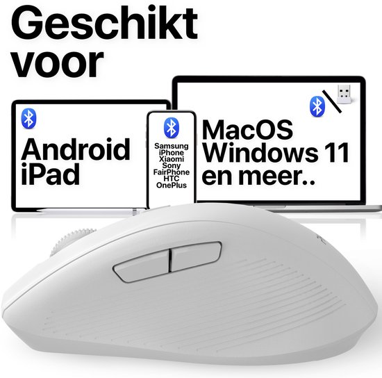 Witte draadloze muis met iconen van een Android tablet, smartphone en Windows laptop. Tekst "Geschikt voor Android iPad, MacOS Windows 11 en meer..".