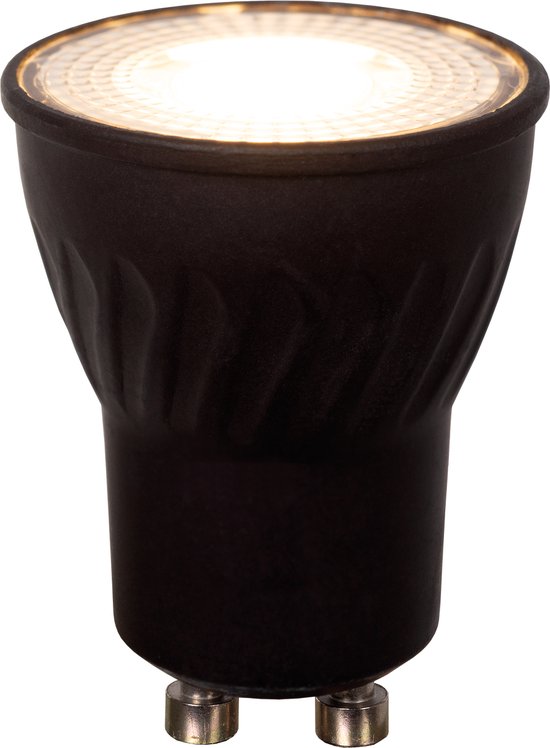 Lampe LED MR11 GU10 noire allumée avec un profil côtelé.