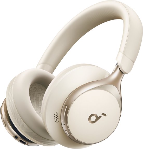 Beige over-ear koptelefoon met gouden details, weergave van de oorkap en het logo.