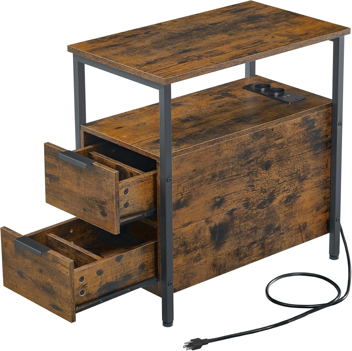 Conway Living - Bijzettafel - Nachtkastje met 2 Lades - Stekkerdoos - Vintage Bruin - 60x35x61 cm
