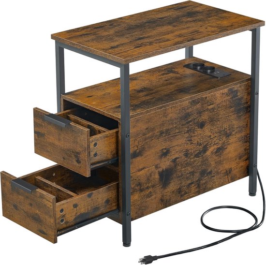 Vintage bruine bijzettafel met zwarte poten, twee laden en ingebouwde stekkerdoos.