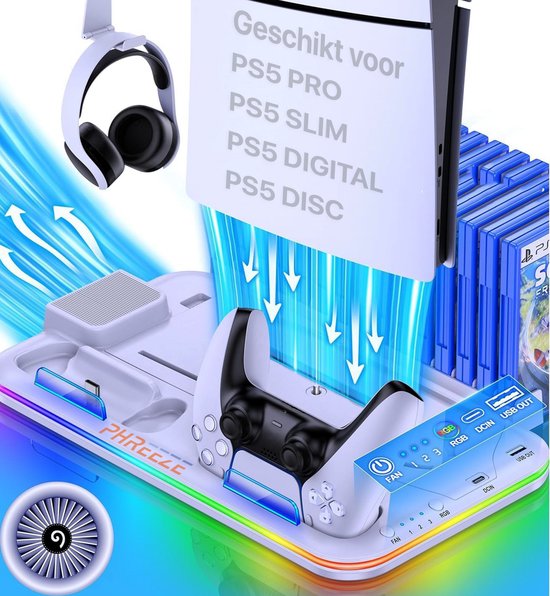 Witte PS5 docking station met ventilatoren, controlleroplader, headsetstandaard en RGB-verlichting.