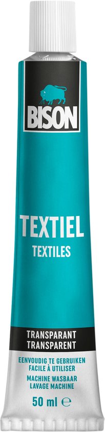Turquoise tube Bison textiellijm, 50 ml, transparant, machinewasbaar.