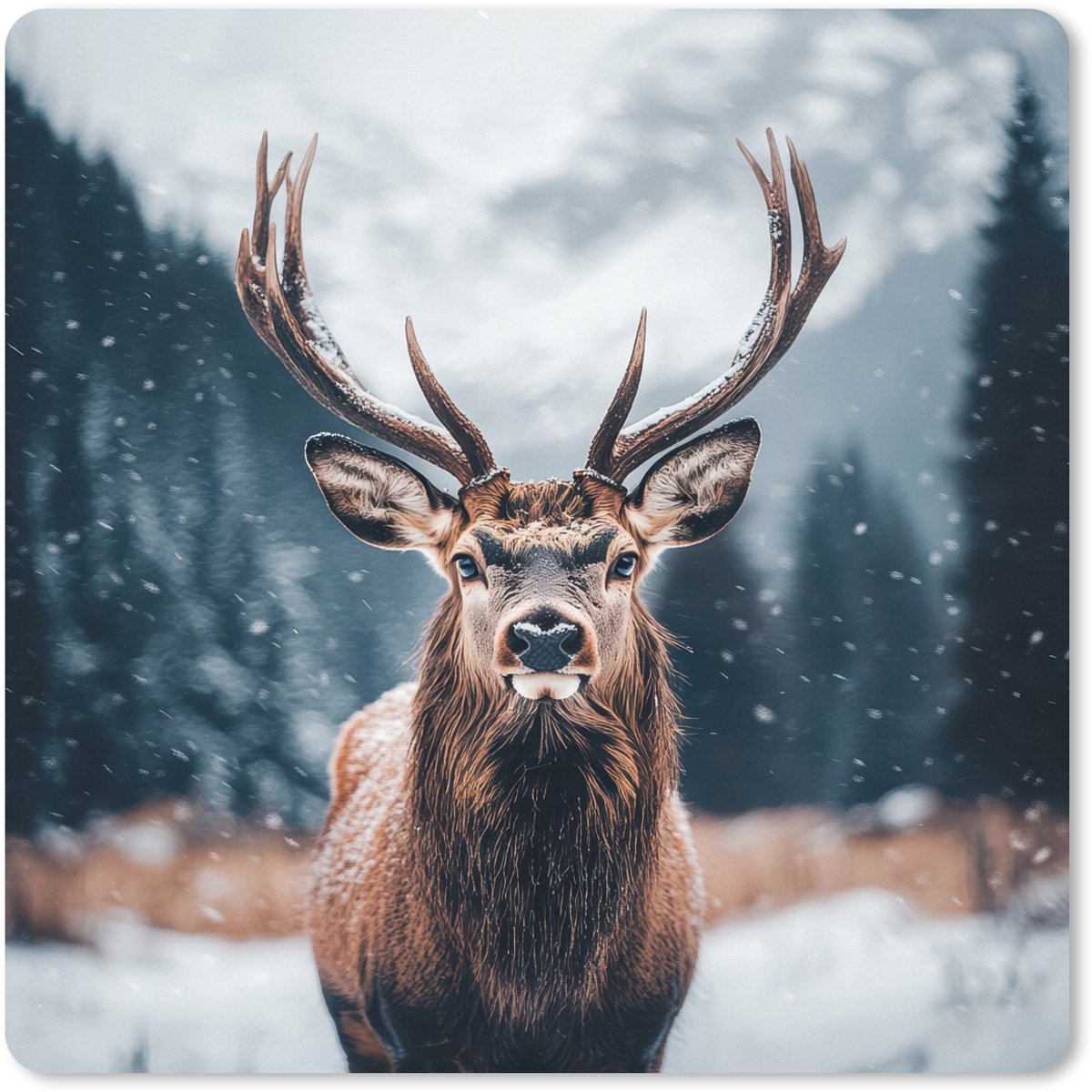 Muismat XXL 60x60 cm - Bureau onderlegger - Bureau mat Hert - Dieren - Landschap - Winter - Sneeuw - Bureaumat - Gaming mousepad xl - Bureaulegger groot - Computer deskmat