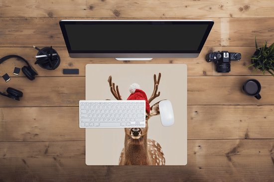 Tapis de souris XXL - Sous-main - Sous-main - Cerf - Noël - Chapeau - Animaux - Hiver - Drôle - 50x50 cm - Tapis de souris XXL