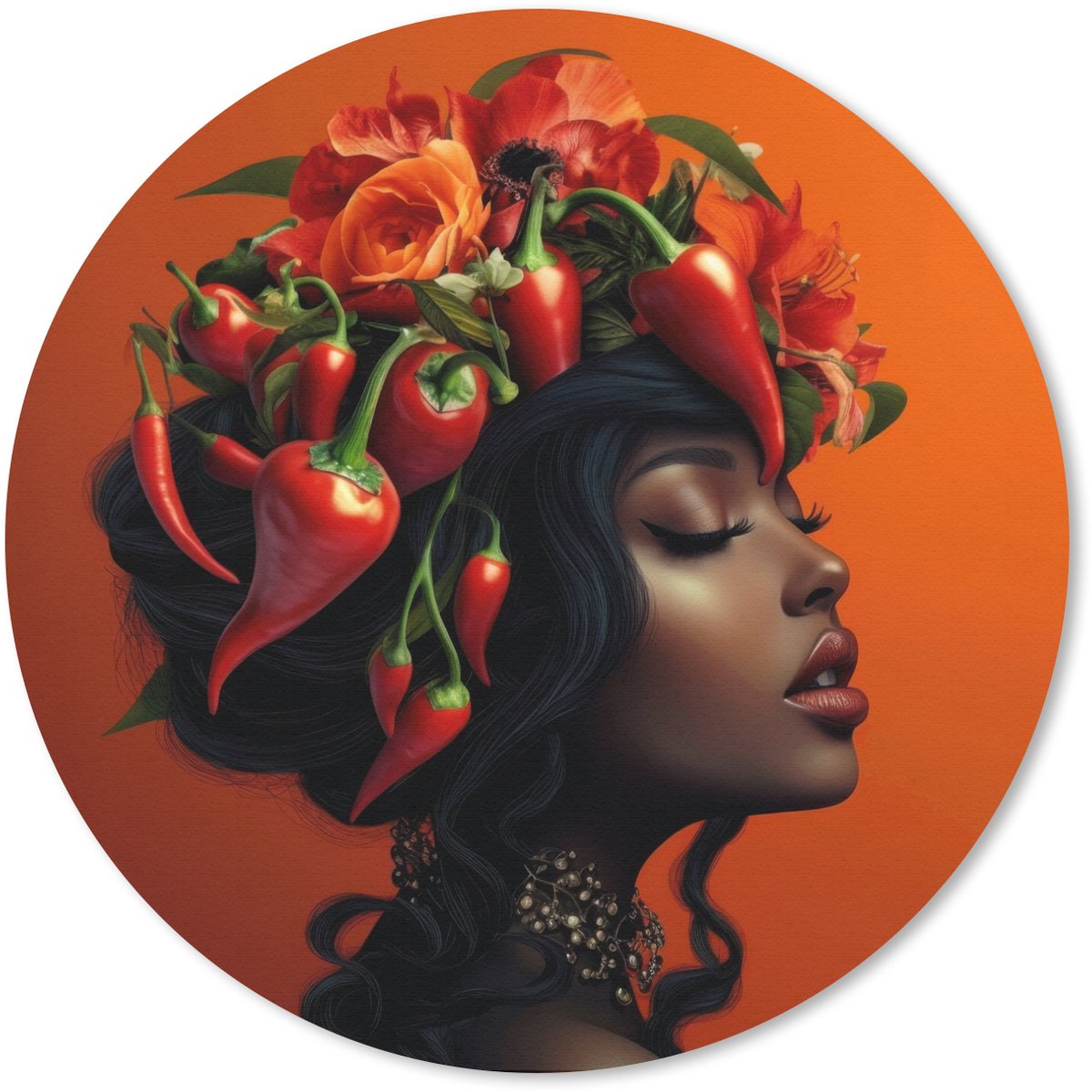 Muismat rond 50x50 cm - Mousepad Vrouw - Chilipepers - Pepers - Bloemen - Ronde muismatten