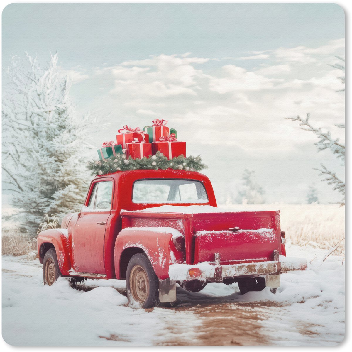 Muismat 20x20 cm - Mousepad Auto - Rood - Cadeaus - Winter - Sneeuw - Kerst - Muismatten