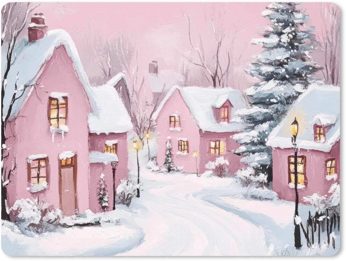 Muismat 23x19 cm - Mousepad Kerstdorp - Roze - Winter - Sneeuw - Huizen - Muismatten