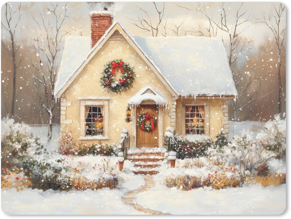 Muismat 23x19 cm - Mousepad Kerst - Huis - Winter - Sneeuw - Muismatten