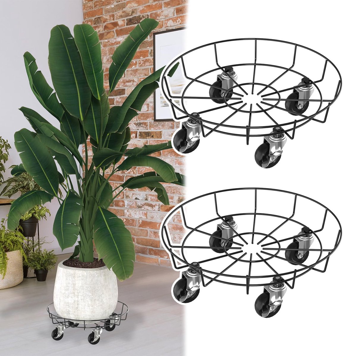 NAIZY Plantenrolwagen, 2 Stukken, Plantenrolplank φ33 cm, Vierkant Bloempot Onderzetter Met 4 Rollen, Bloemenrolwagen, Dragkracht 160 KG, Voor Buiten-En Binnen (Type C)