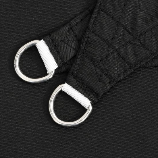Detailopname van twee zwarte zonneschermen met metalen D-ringen en witte verstevigingsbanden.