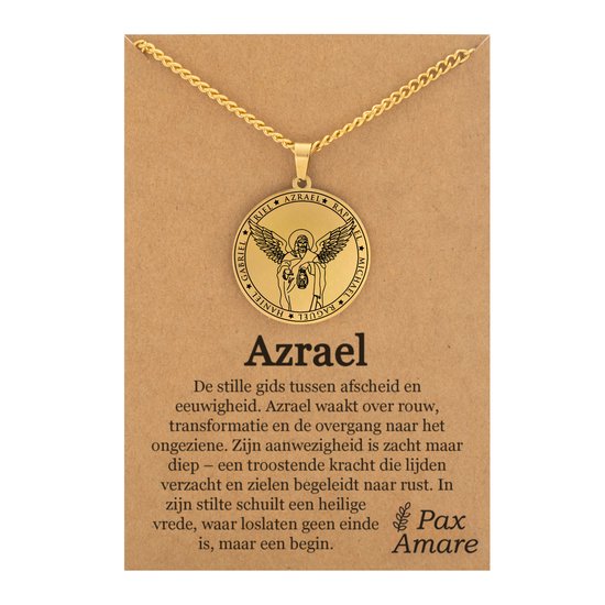 Beschermengel Azraël Ketting op Cadeau Kaartje - Goudkleurig - Aartsengel Talisman / Medalion - Stainless Steel Engelen Hanger - 60cm