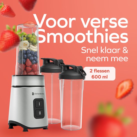 KitchenBrothers Mini Blender - Blender to Go - 2 Standen - Smoothie Maker - 2 To-Go Bekers 600 ml - Zwart van KitchenBrothers — afbeelding 3