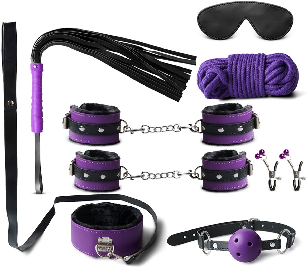 8-Delige BDSM Bondage Set – Luxe Speelset met Boeien, Masker, Zweep & Meer – Paars/Zwart