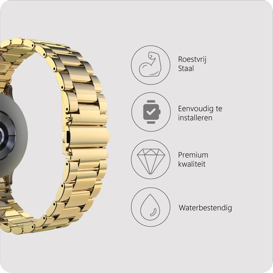 Gouden, roestvrijstalen horlogebandje met schakels, met pictogrammen voor sterkte, installatiegemak, kwaliteit en waterbestendigheid.