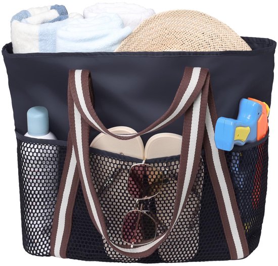Sac de plage, grand sac pliable imperméable et résistant au sable pour femme avec poches en filet zippées pour un usage quotidien à la piscine - Zwart et blanc
