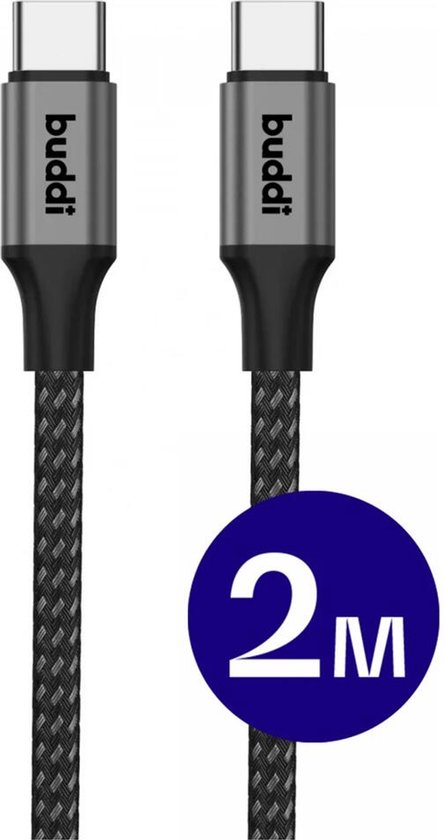 Buddi Flex - USB-C naar USB-C Kabel 60W Fast Charge 20V/3A - Power Delivery - 480Mbps Dataoverdracht - Gevlochten Nylon - o.a geschikt voor iPhone 15/16/17, Samsung S25-Serie en meer - 2M Zwart