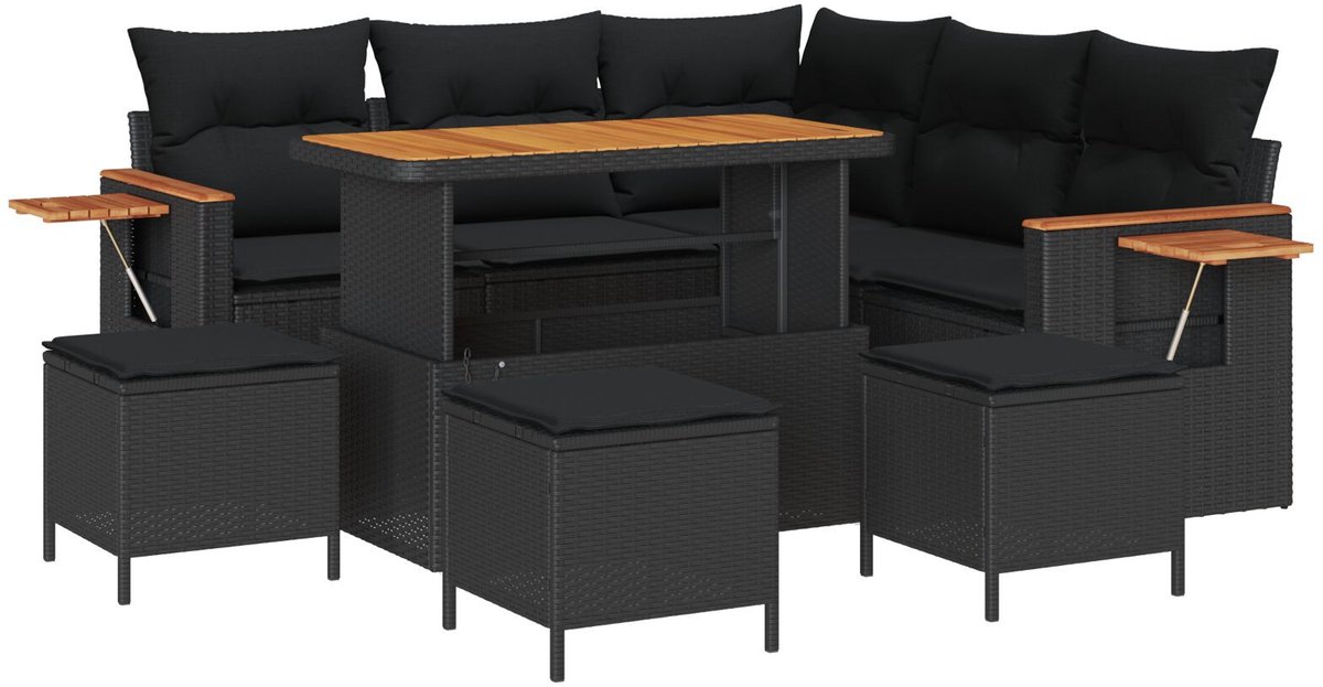 vidaXL - Tuinbank - Set - met - kussen - 9 - pcs - Zwart - poly - rattan